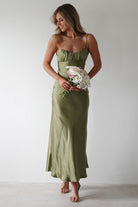 Grace Soft Satin Maxi Dress Olive | Wedding Guest Dress | Maxi | Satin | Oh Hello Clothing
