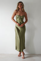 Grace Soft Satin Maxi Dress Olive | Wedding Guest Dress | Maxi | Satin | Oh Hello Clothing