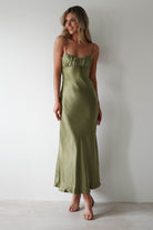 Grace Soft Satin Maxi Dress Olive | Wedding Guest Dress | Maxi | Satin | Oh Hello Clothing
