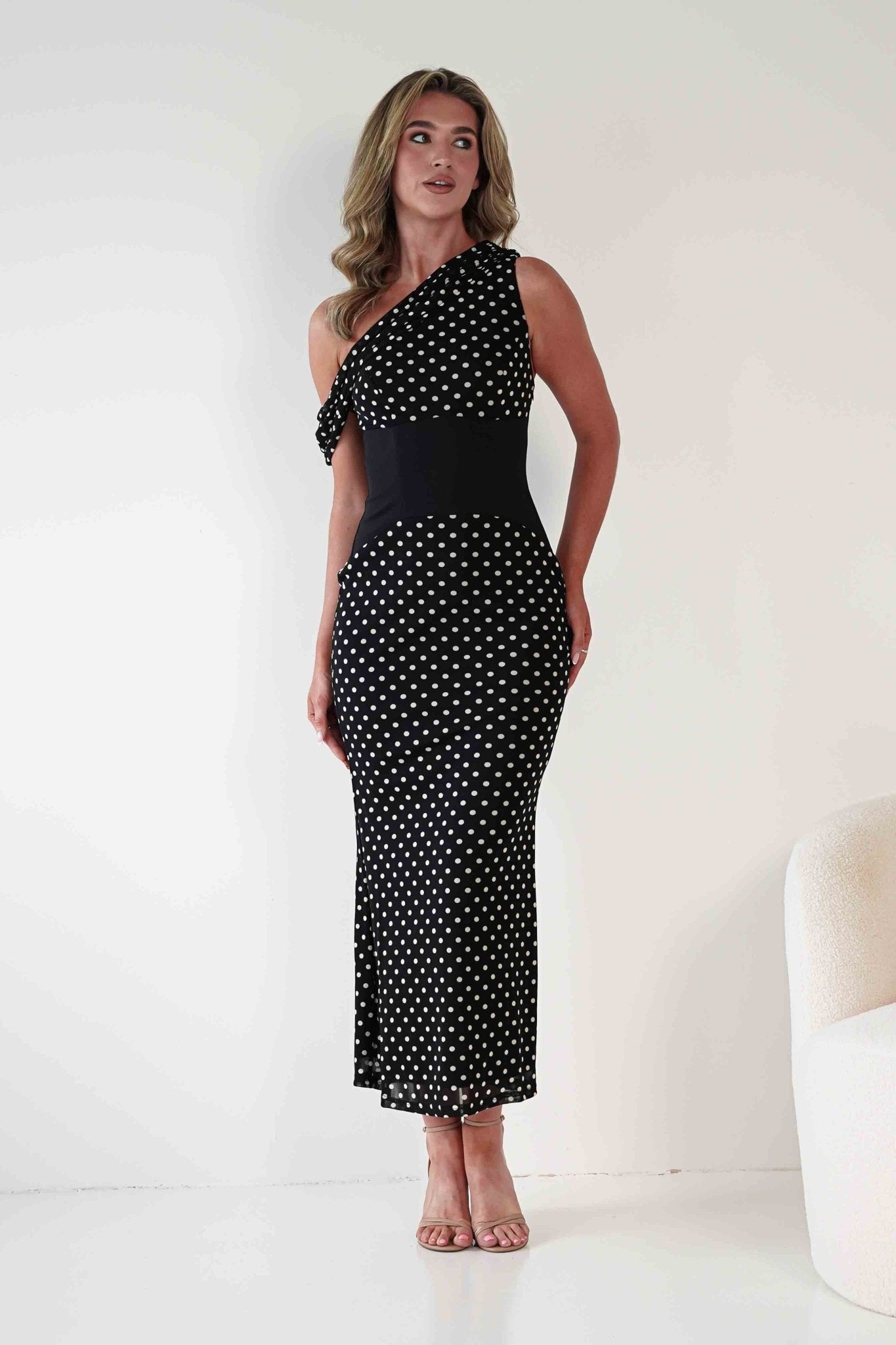 Hailey One Shoulder Polka Dot Dress | Black | Oh Hello Clothing | XS (6)