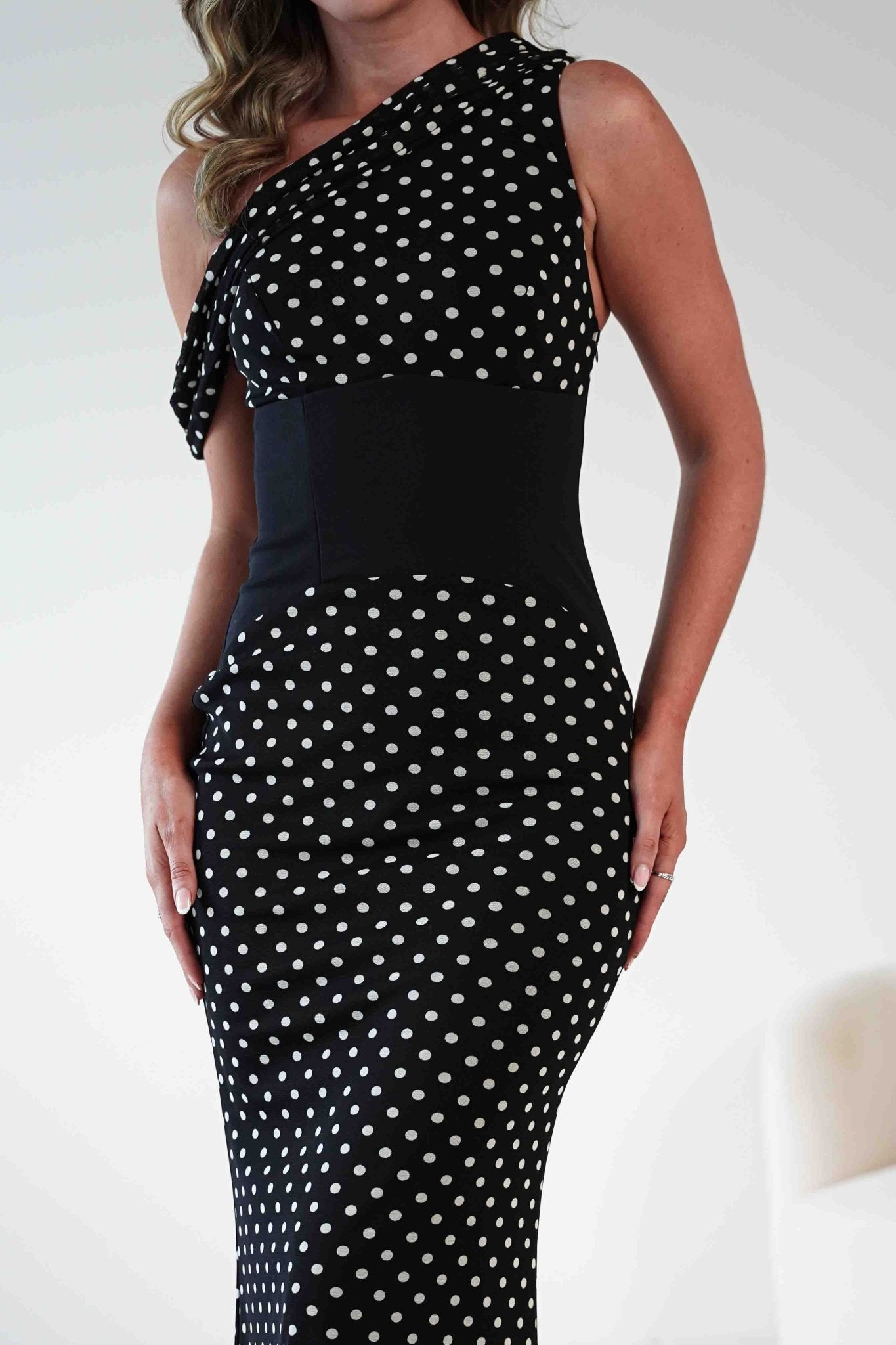 Hailey One Shoulder Polka Dot Dress | Black | Oh Hello Clothing | XS (6)