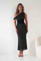 Hailey One Shoulder Polka Dot Dress Black | Wedding Guest Dress | One Shoulder | Oh Hello Clothing