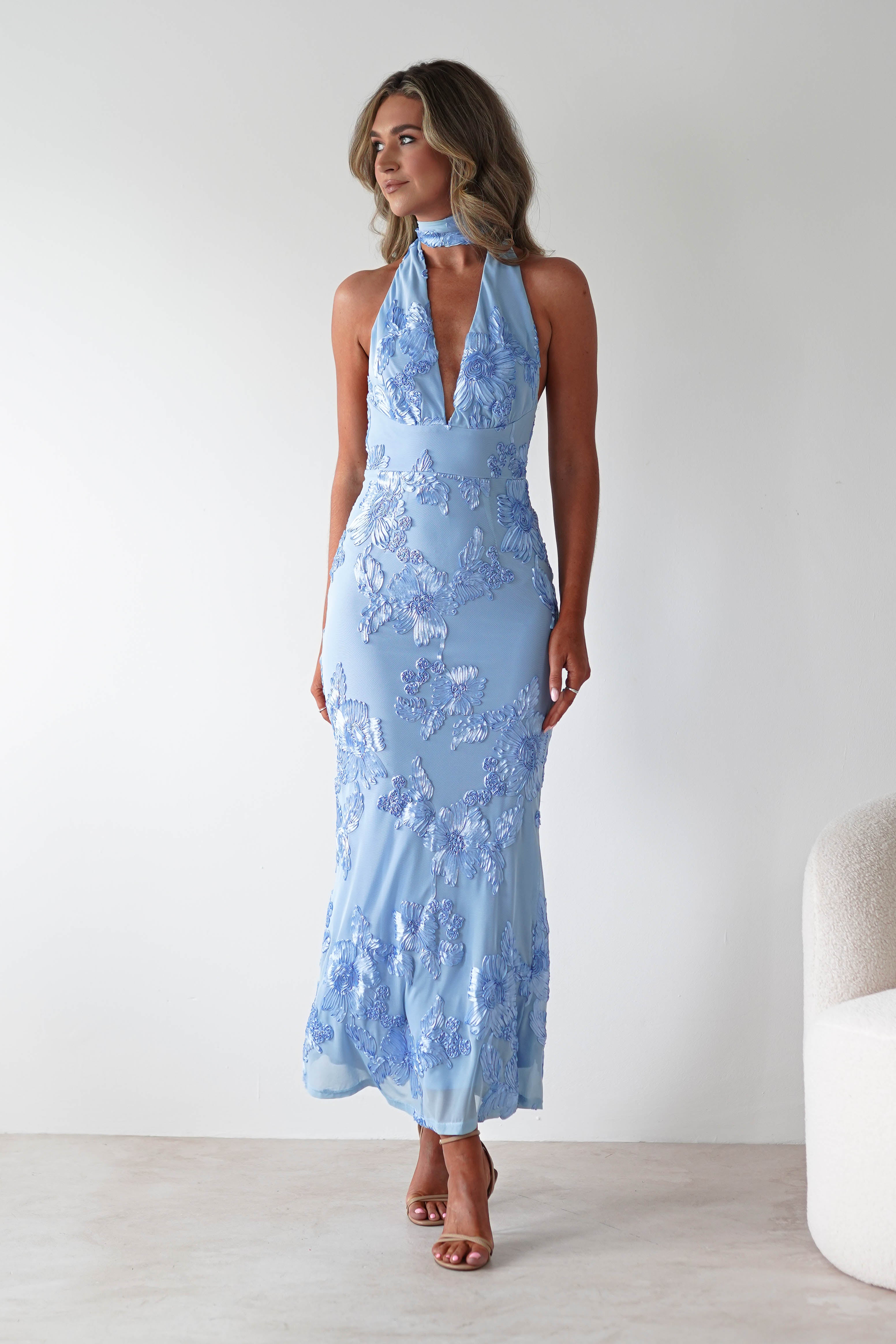 Halsey Tie Back Maxi Dress | Blue Textured | Oh Hello Clothing | XS (6)