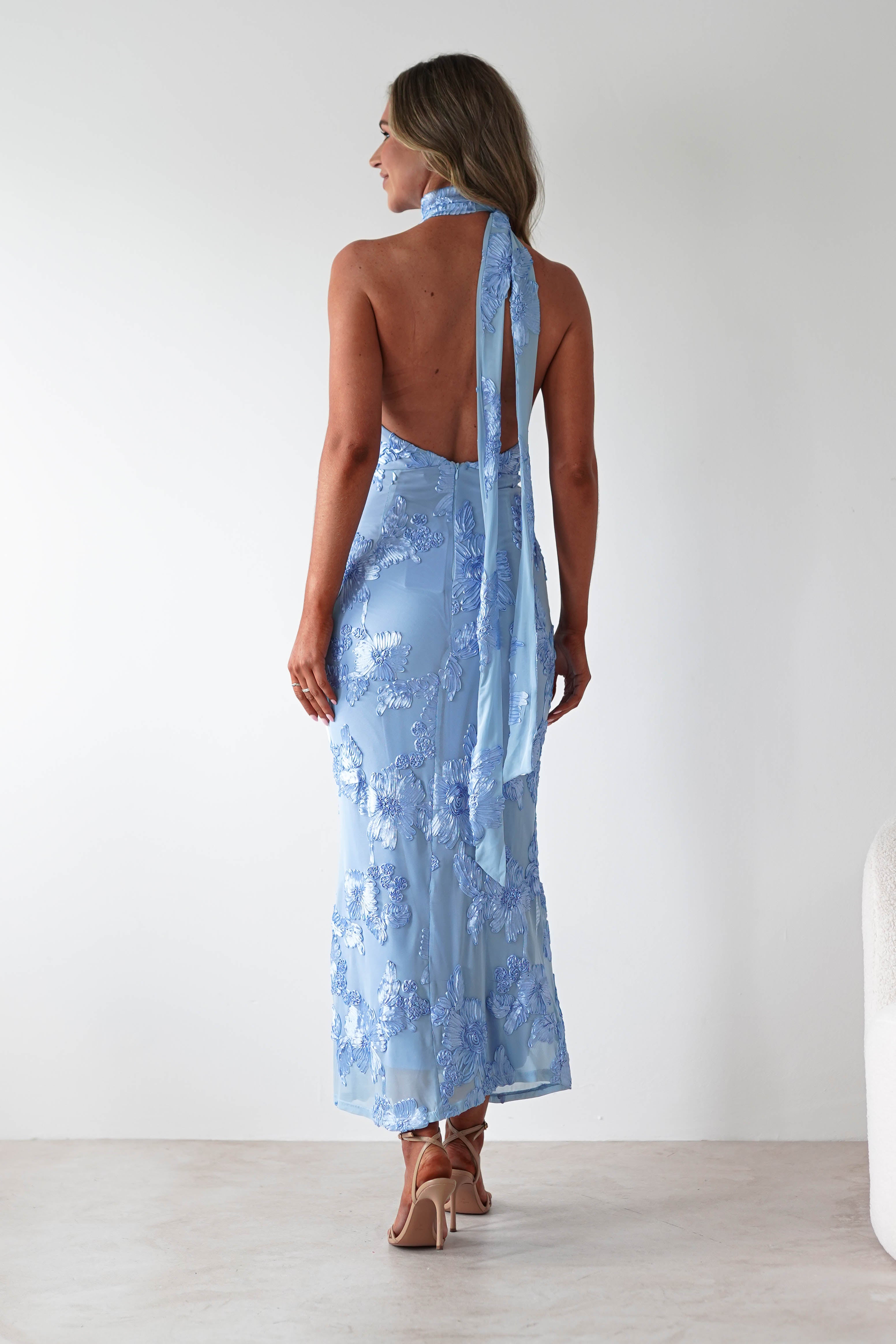 Halsey Tie Back Maxi Dress | Blue Textured | Oh Hello Clothing | XS (6)