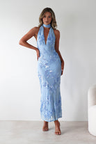 Halsey Tie Back Maxi Dress Blue Textured | Wedding Guest Dress | Maxi | Oh Hello Clothing