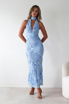 Halsey Tie Back Maxi Dress Blue Textured | Wedding Guest Dress | Maxi | Oh Hello Clothing