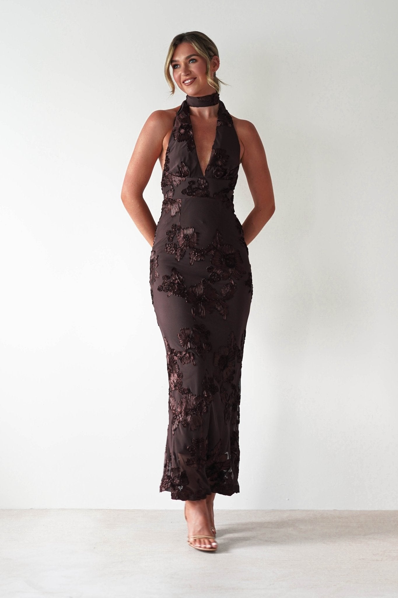 Halsey Tie Back Maxi Dress | Brown Textured | Oh Hello Clothing | XS (6)