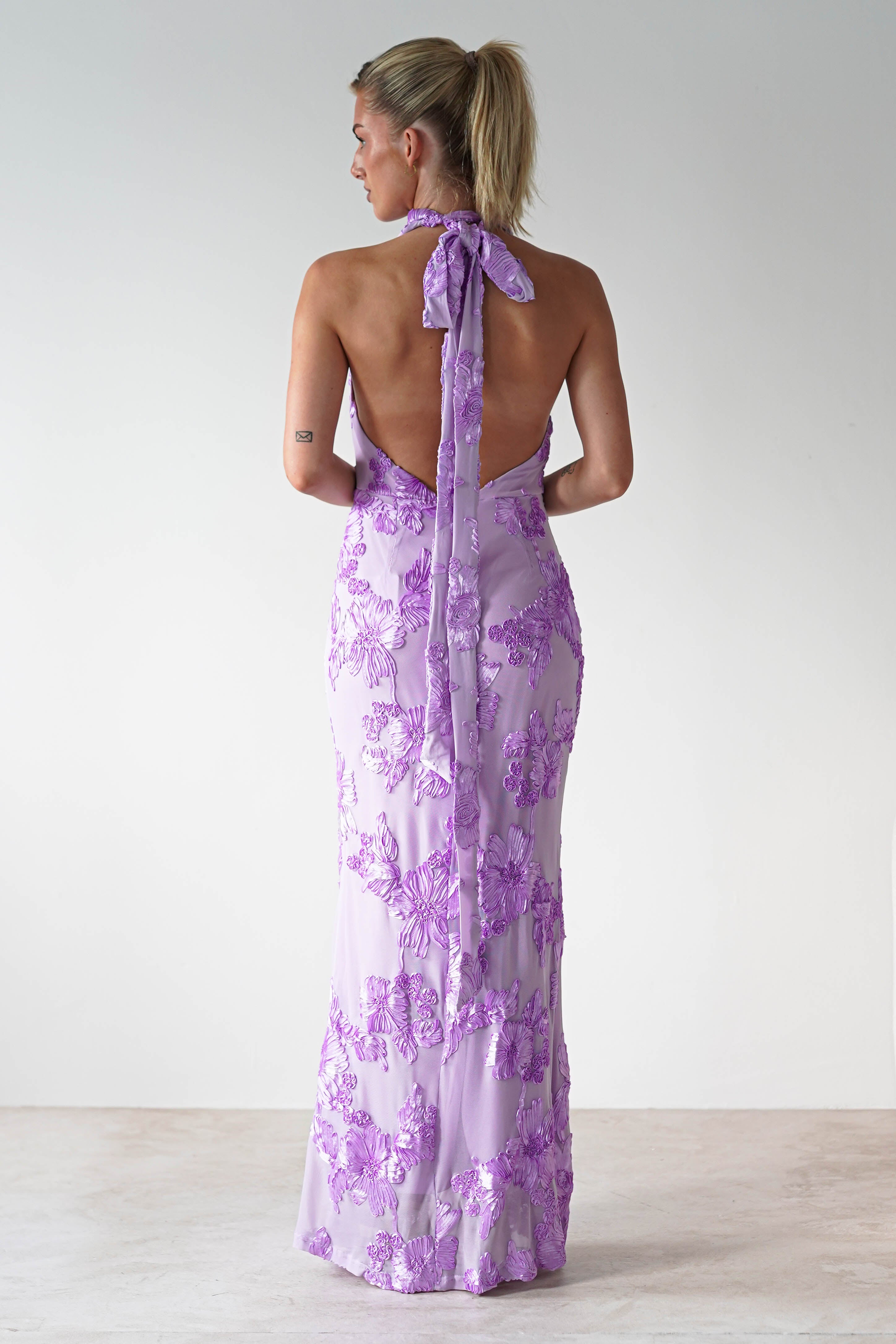Halsey Tie Back Maxi Dress | Lilac Textured | Oh Hello Clothing | XS (6)