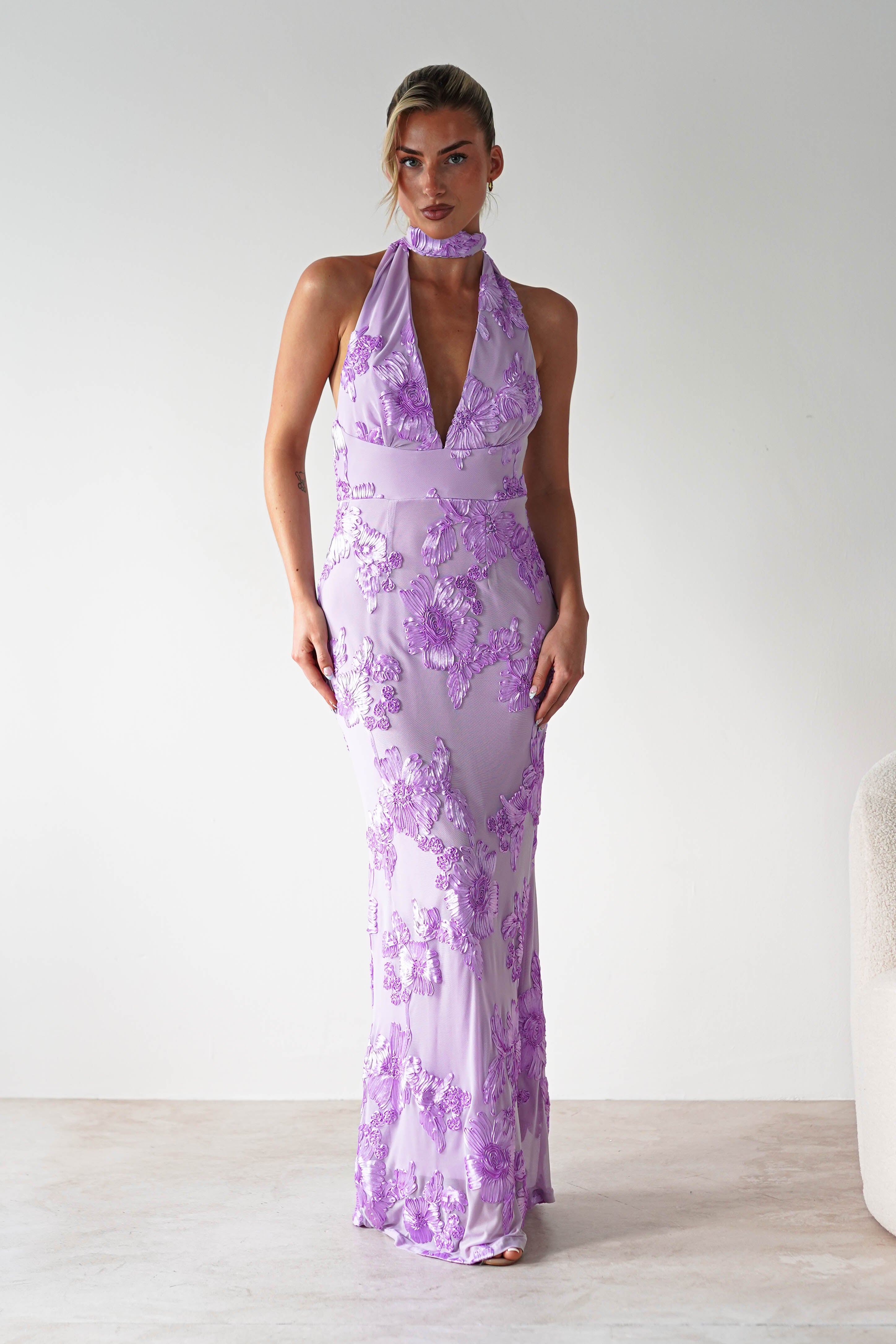Halsey Tie Back Maxi Dress | Lilac Textured | Oh Hello Clothing | XS (6)