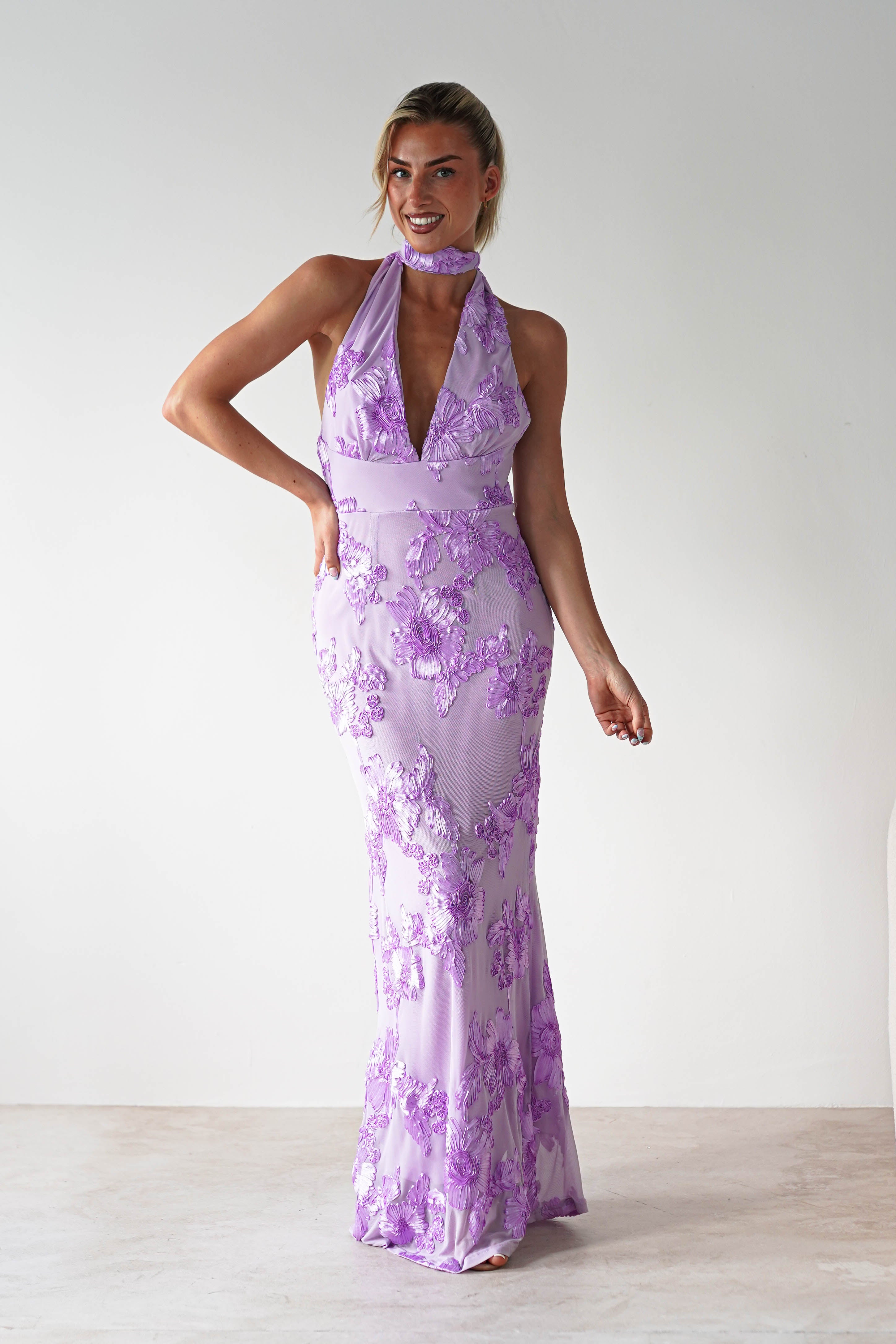 Halsey Tie Back Maxi Dress | Lilac Textured | Oh Hello Clothing | XS (6)