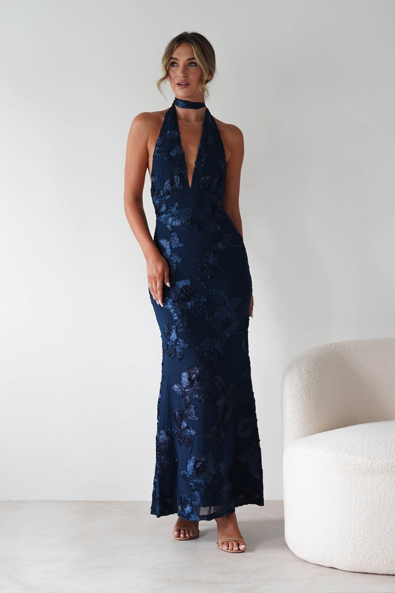 Halsey Tie Back Maxi Dress | Navy Textured | Oh Hello Clothing | XS (6)