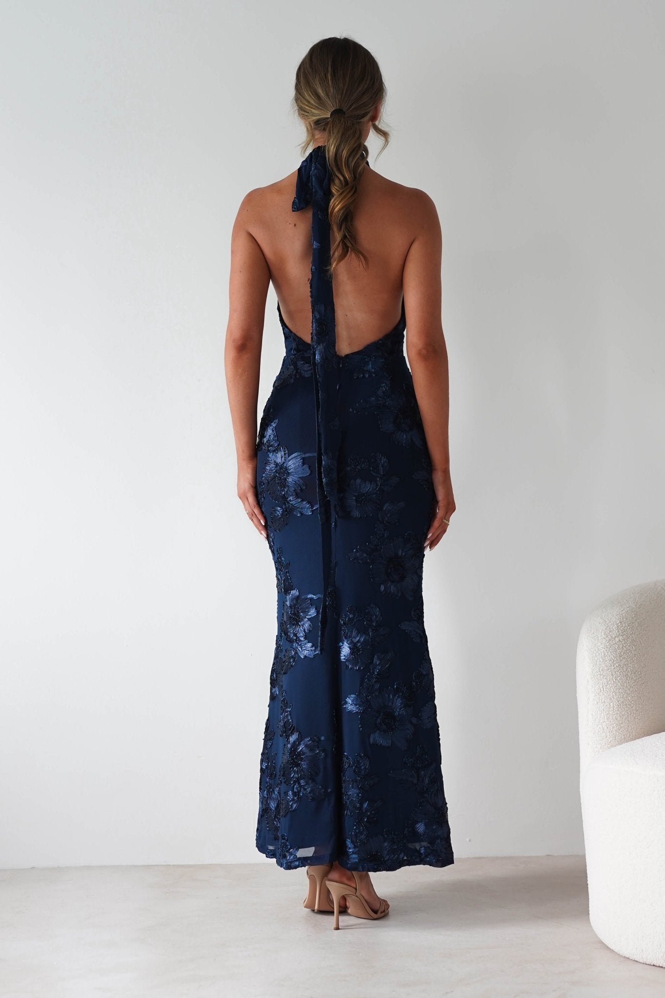 Halsey Tie Back Maxi Dress | Navy Textured | Oh Hello Clothing | XS (6)