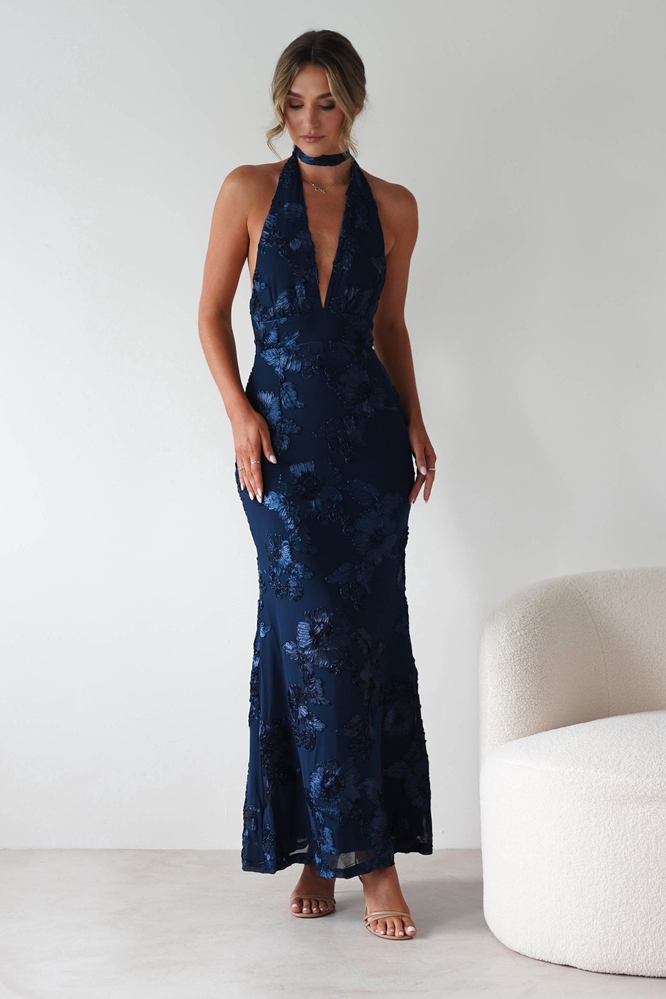 Halsey Tie Back Maxi Dress | Navy Textured | Oh Hello Clothing | XS (6)