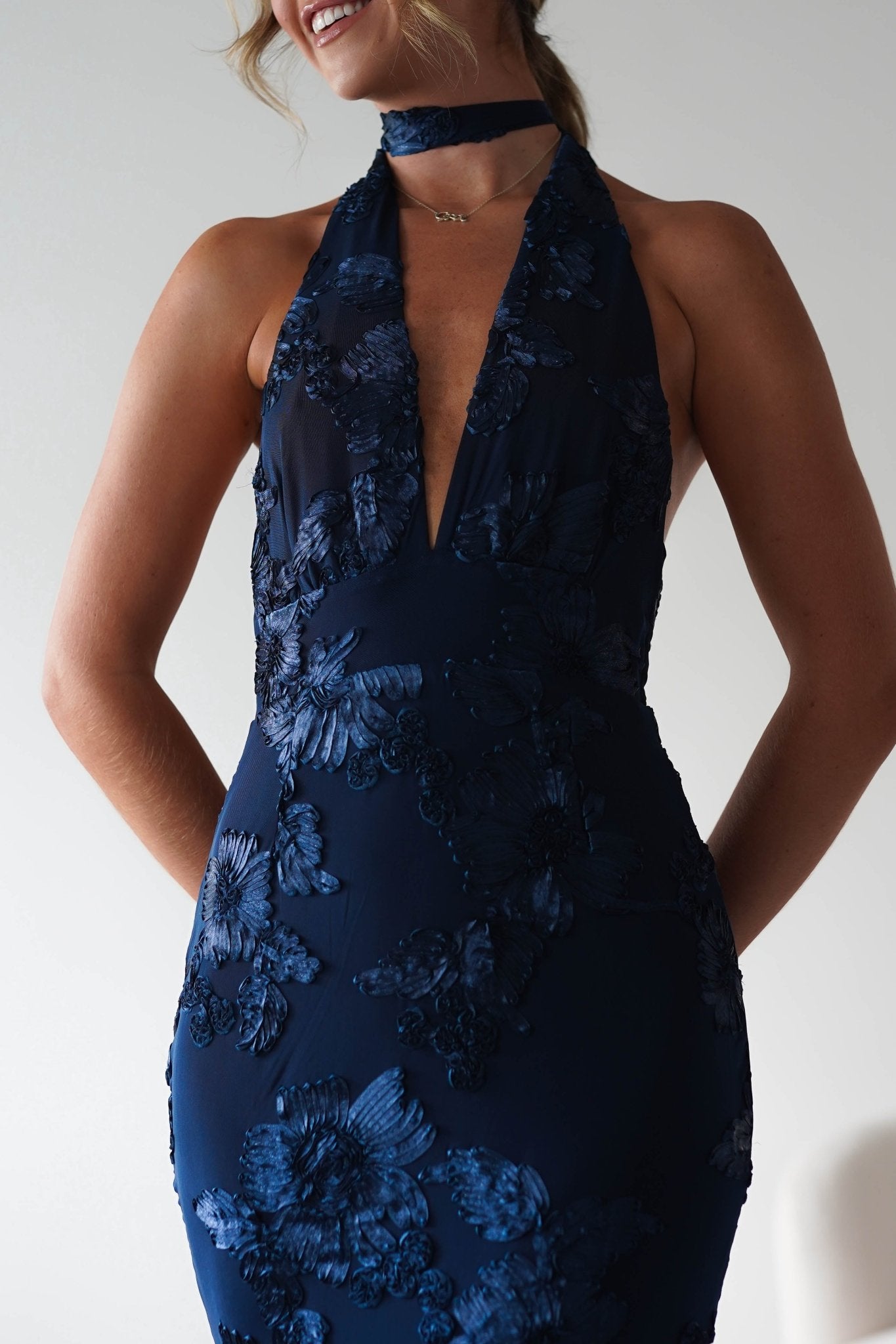 Halsey Tie Back Maxi Dress | Navy Textured | Oh Hello Clothing | XS (6)