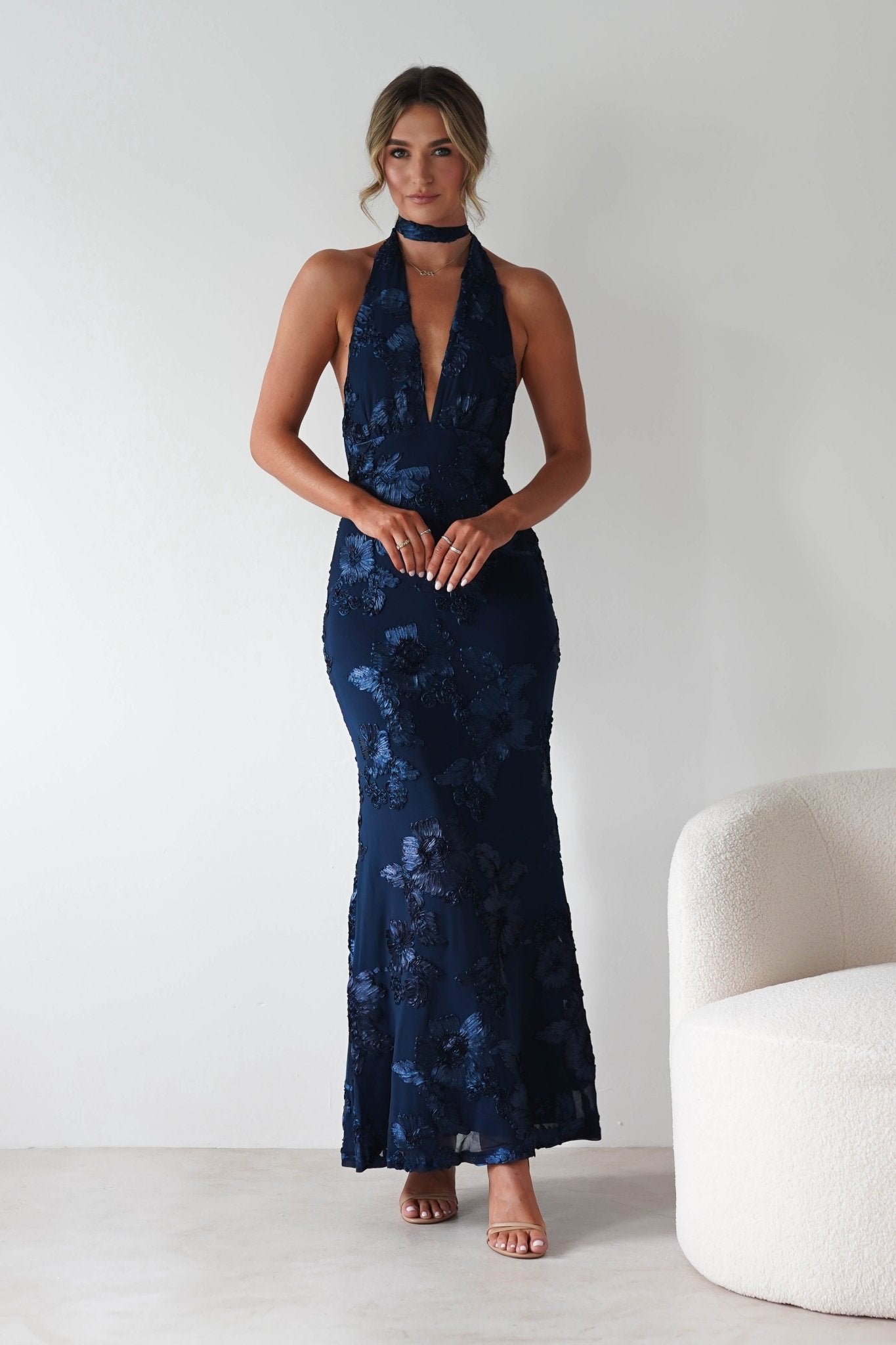 Halsey Tie Back Maxi Dress | Navy Textured | Oh Hello Clothing | XS (6)