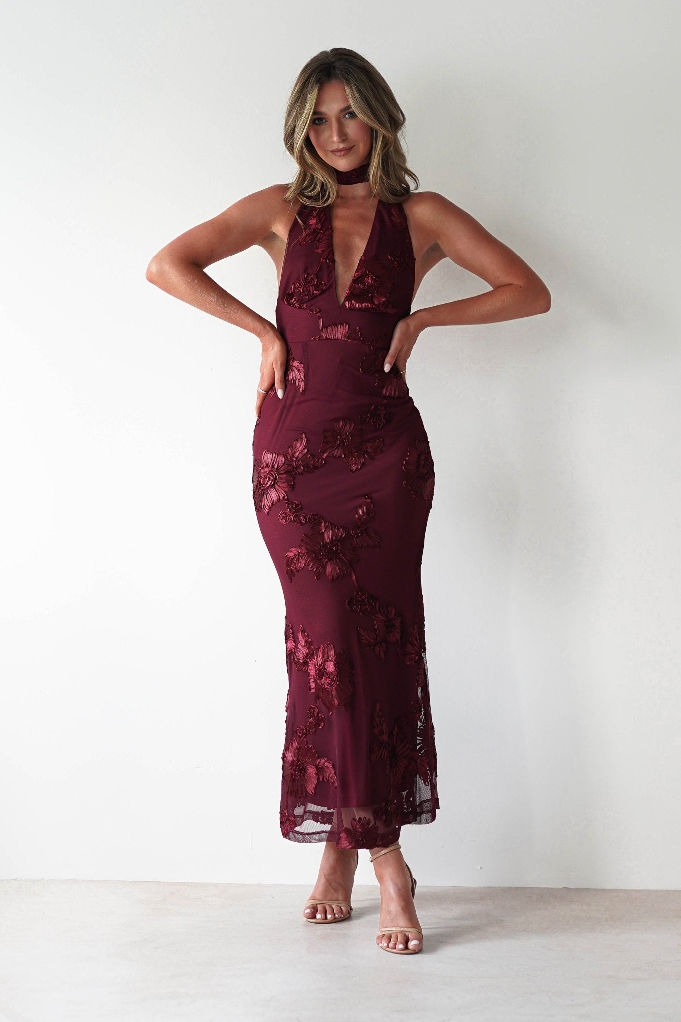 Halsey Tie Back Maxi Dress | Wine Textured | Oh Hello Clothing | XS (6)