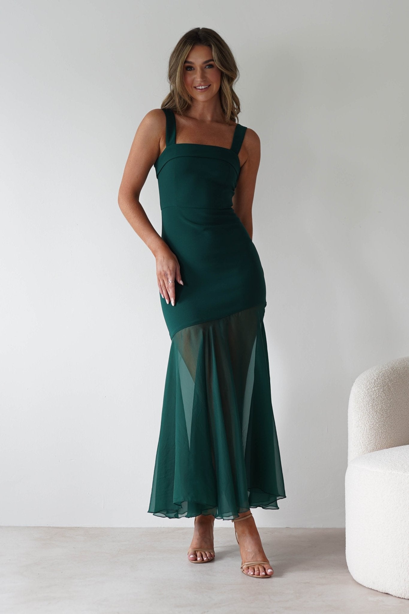 Harmony Square Neck Bodycon Maxi Dress Dark Green | Wedding Guest Dress | Square Neck