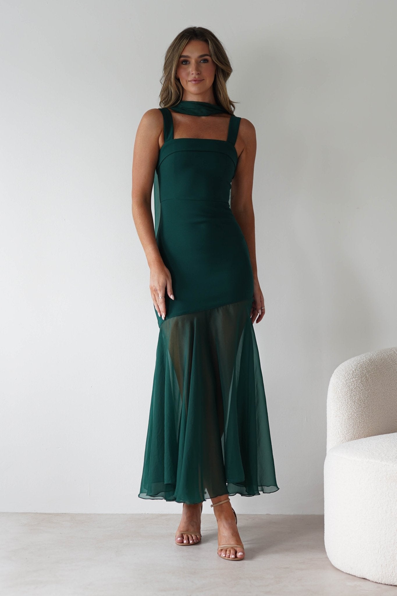 Harmony Square Neck Bodycon Maxi Dress Dark Green | Wedding Guest Dress | Square Neck