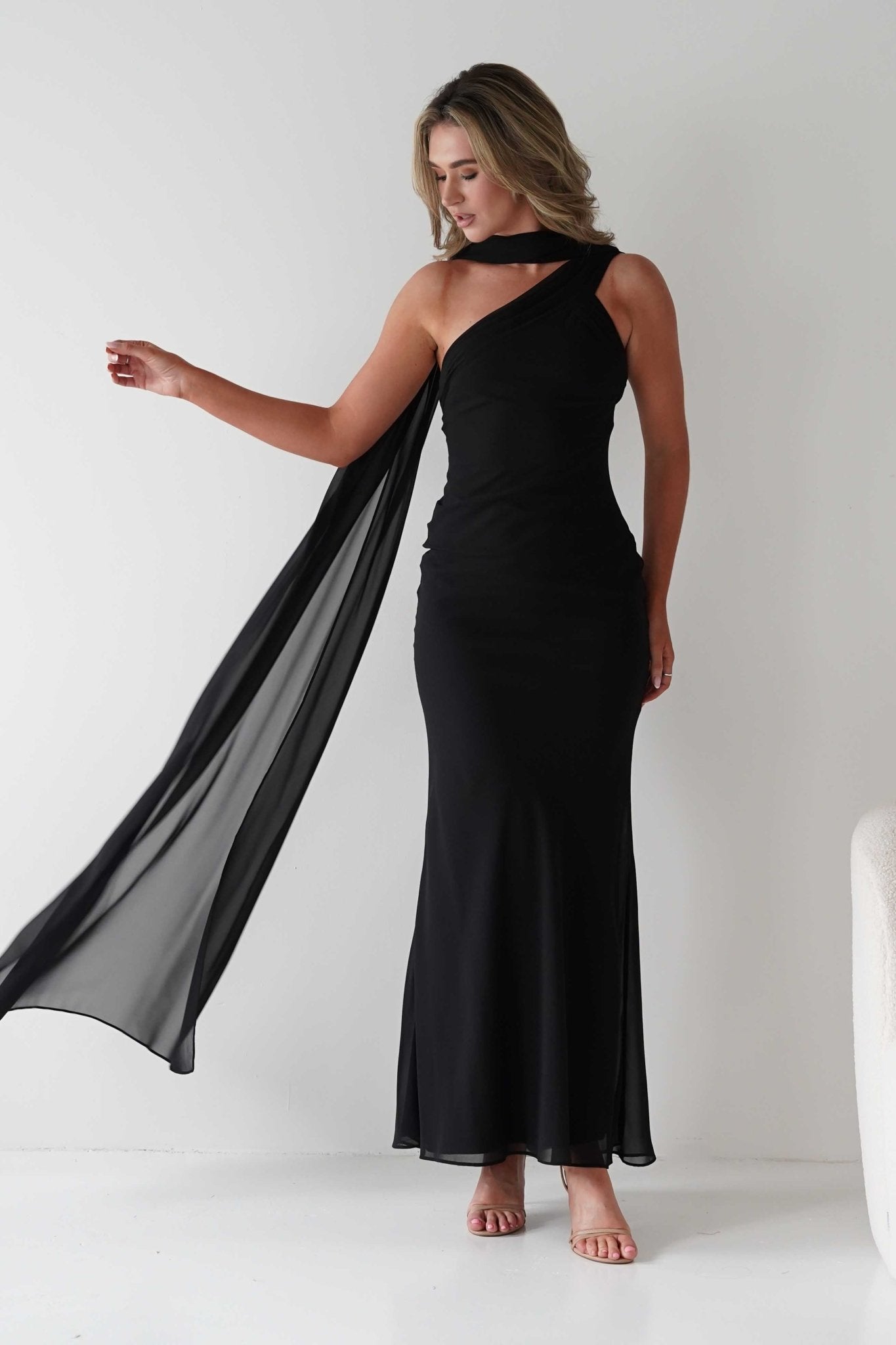 Hathaway Chiffon Drape Maxi Dress | Black | Oh Hello Clothing | S (8)