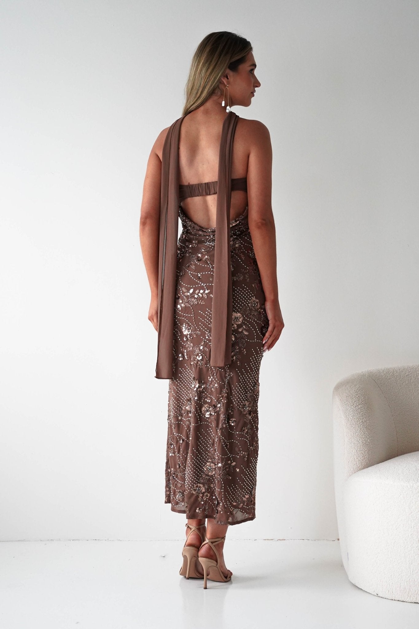 Oh Hello Clothing Dresses 1*DONE -FACTORY-OH25020TSQ- STRAPLESS BEADED DRESS WITH SCARF