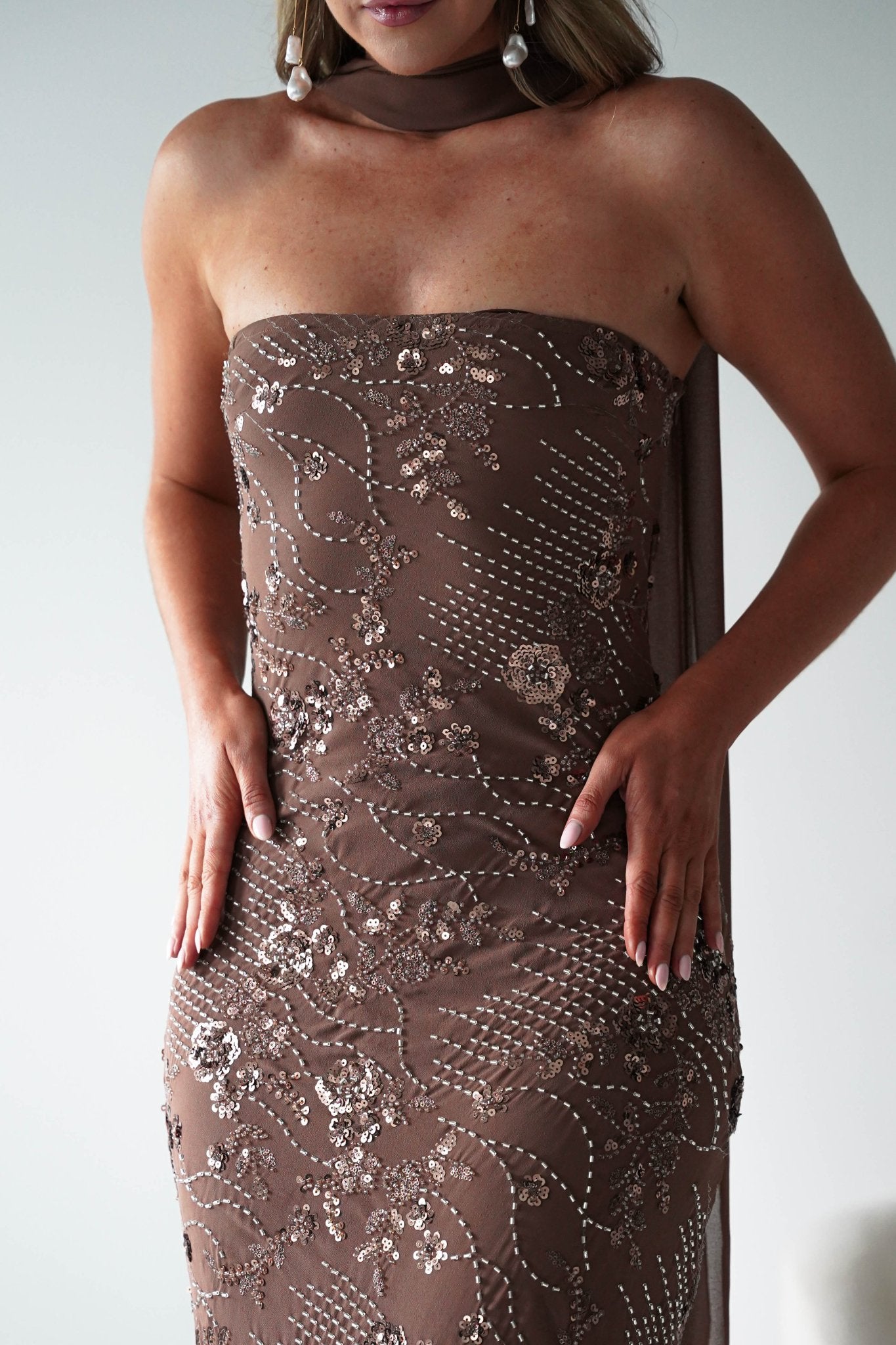 Oh Hello Clothing Dresses 1*DONE -FACTORY-OH25020TSQ- STRAPLESS BEADED DRESS WITH SCARF