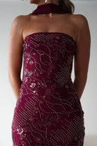 Oh Hello Clothing Dresses 1*DONE -FACTORY-OH25020TSQ- STRAPLESS BEADED DRESS WITH SCARF WINE **
