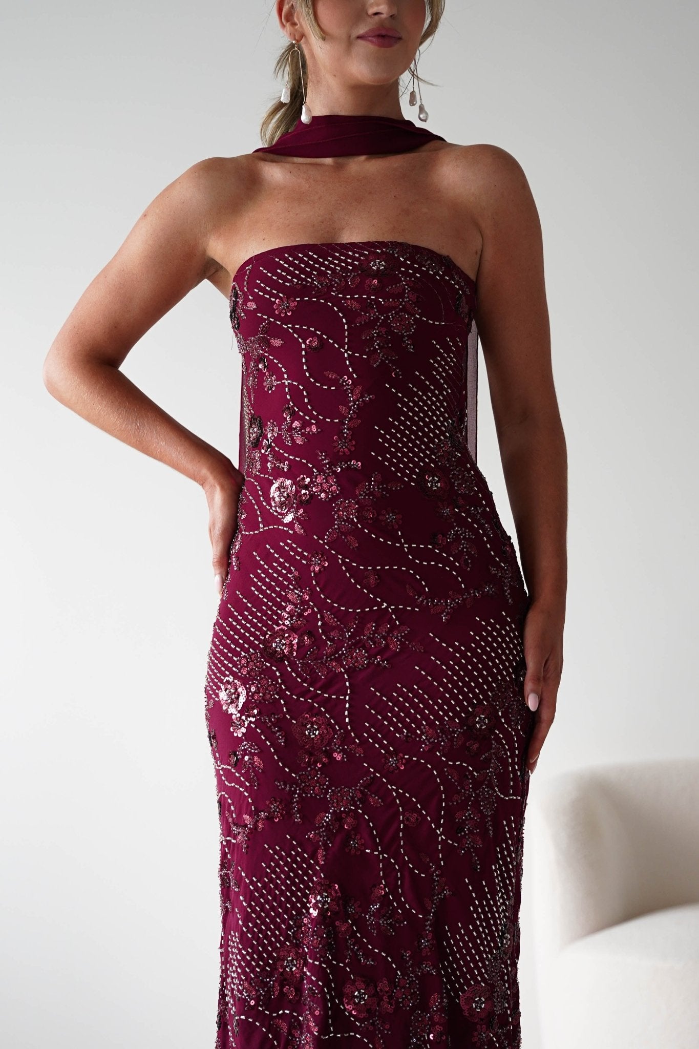 Oh Hello Clothing Dresses 1*DONE -FACTORY-OH25020TSQ- STRAPLESS BEADED DRESS WITH SCARF WINE **