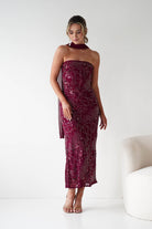 Oh Hello Clothing Dresses 1*DONE -FACTORY-OH25020TSQ- STRAPLESS BEADED DRESS WITH SCARF WINE **