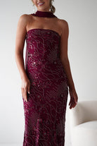 Oh Hello Clothing Dresses 1*DONE -FACTORY-OH25020TSQ- STRAPLESS BEADED DRESS WITH SCARF WINE **