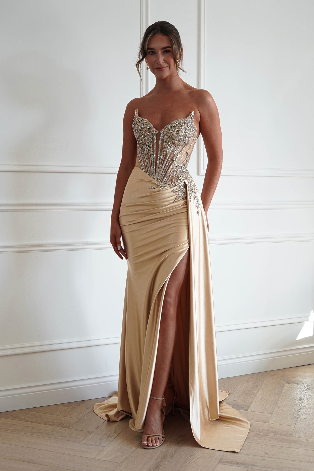 Oh Hello Clothing Dresses > Prom Dresses Hazelle Crystal Embellished Corset Gown | Gold