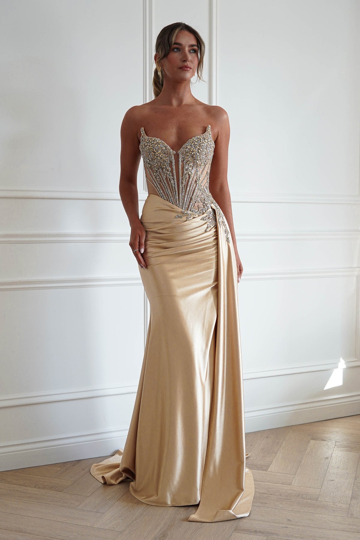 Oh Hello Clothing Dresses > Prom Dresses Hazelle Crystal Embellished Corset Gown | Gold