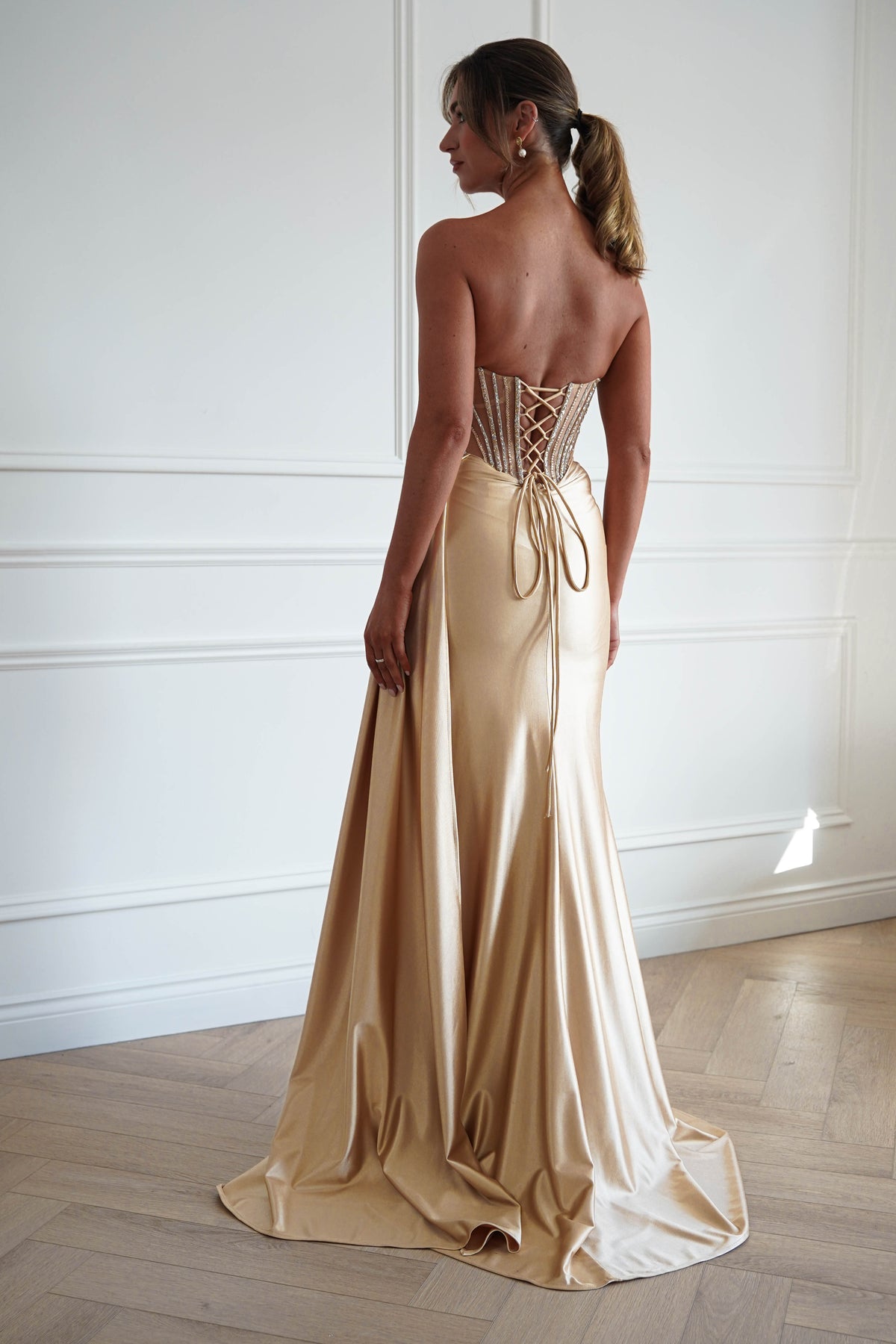 Oh Hello Clothing Dresses > Prom Dresses Hazelle Crystal Embellished Corset Gown | Gold