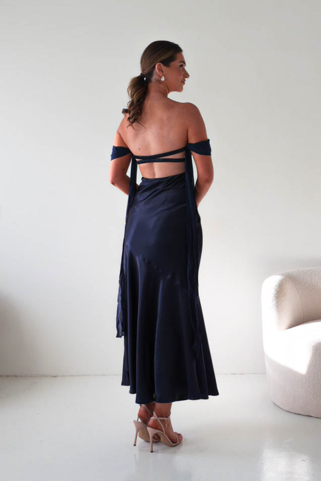 Oh Hello Clothing Women > Clothing > Dresses Helda Off The Shoulder Soft Satin Maxi Dress | Navy