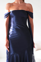 Oh Hello Clothing Women > Clothing > Dresses Helda Off The Shoulder Soft Satin Maxi Dress | Navy