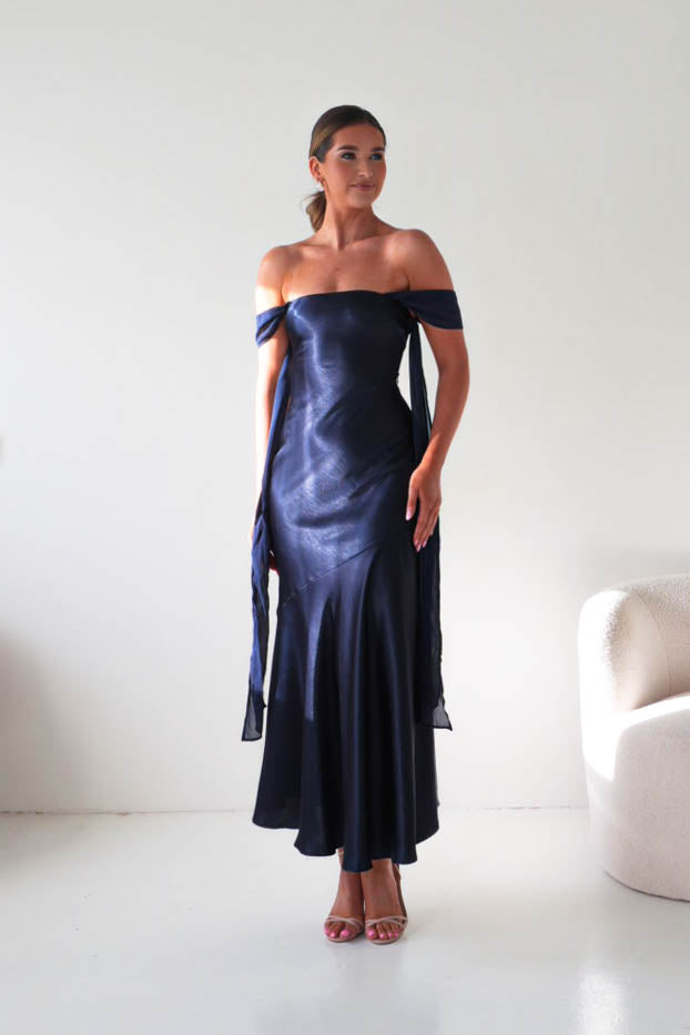 Oh Hello Clothing Women > Clothing > Dresses Helda Off The Shoulder Soft Satin Maxi Dress | Navy
