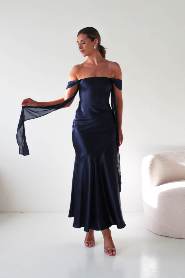 Oh Hello Clothing Women > Clothing > Dresses Helda Off The Shoulder Soft Satin Maxi Dress | Navy