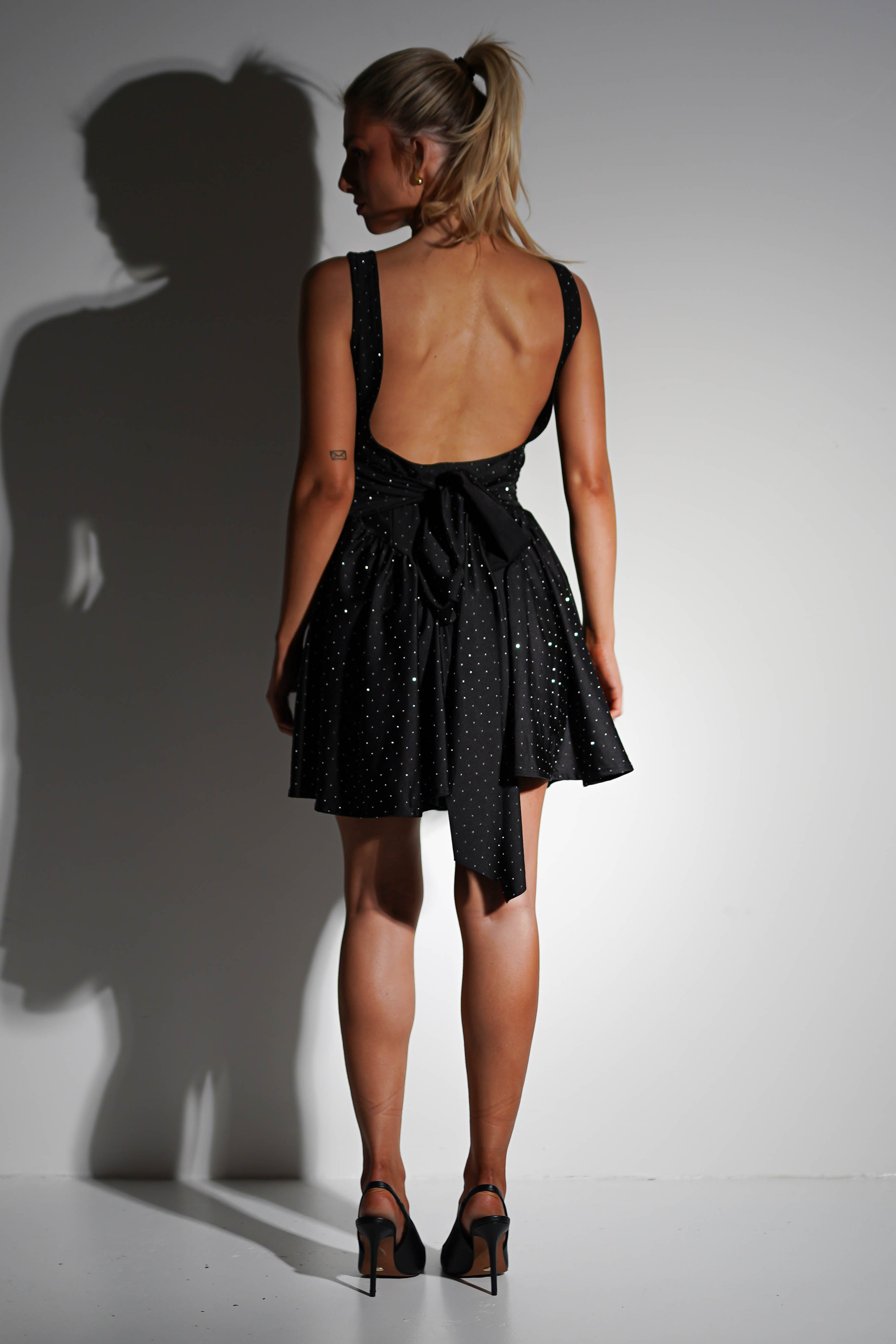 Helena Diamante Bow Back Mini Dress | Black