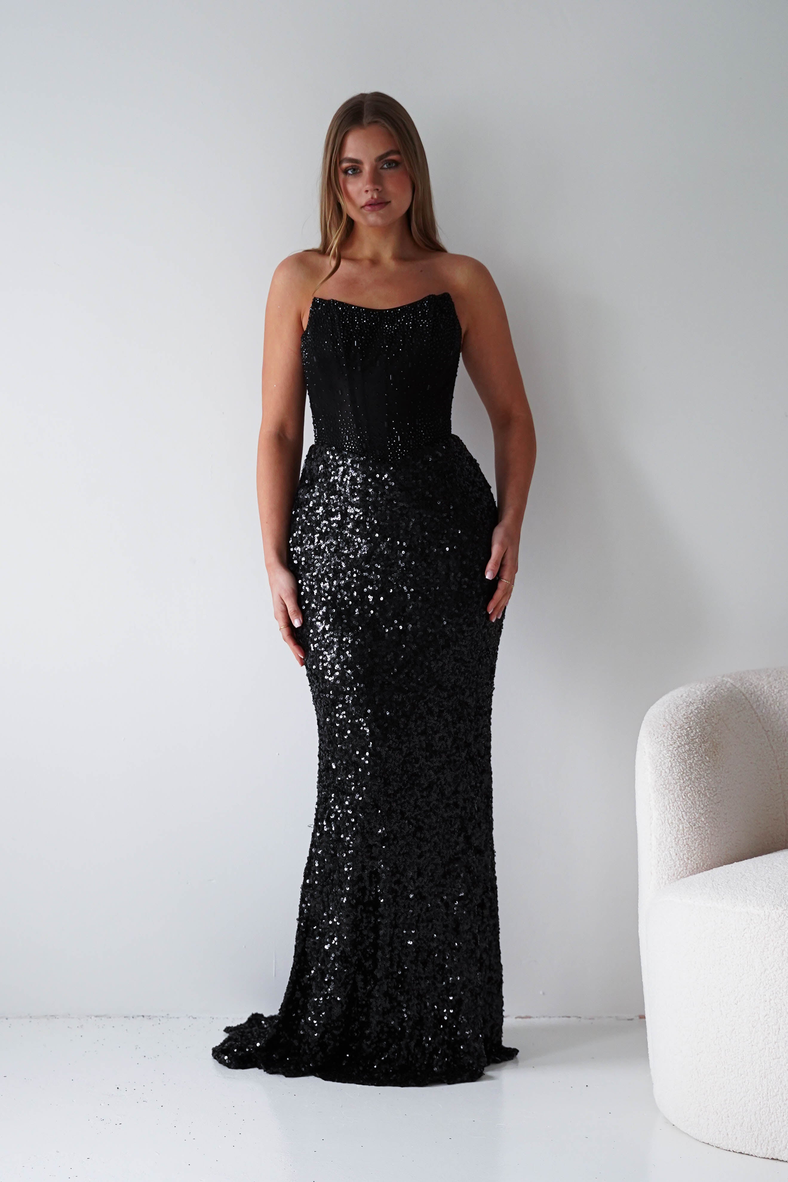 Oh Hello Clothing Women > Clothing > Dresses Henrietta Strapless Corset Sequin Gown | Black