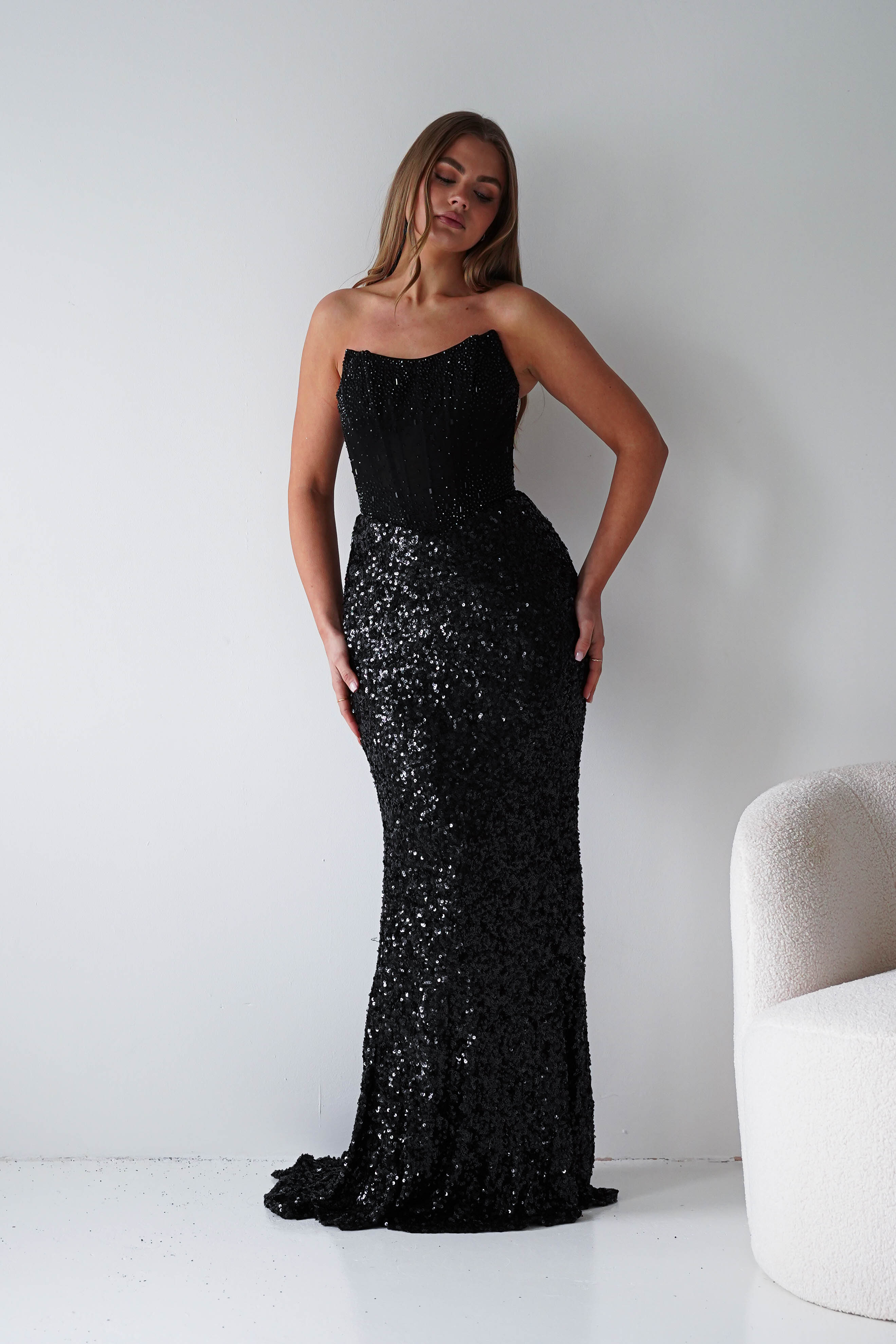 Oh Hello Clothing Women > Clothing > Dresses Henrietta Strapless Corset Sequin Gown | Black