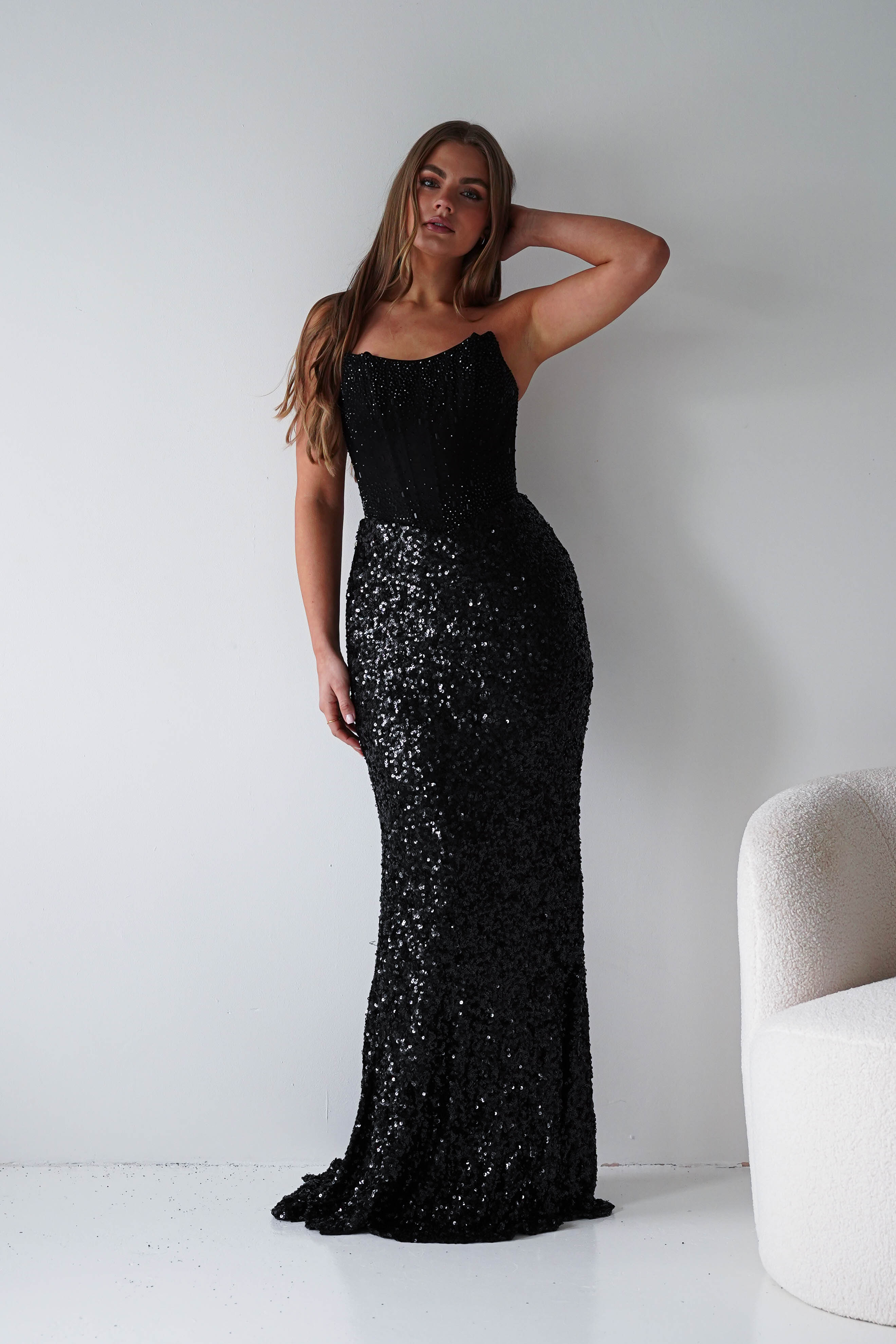 Oh Hello Clothing Women > Clothing > Dresses Henrietta Strapless Corset Sequin Gown | Black