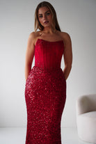 Oh Hello Clothing Women > Clothing > Dresses Henrietta Strapless Corset Sequin Gown | Red