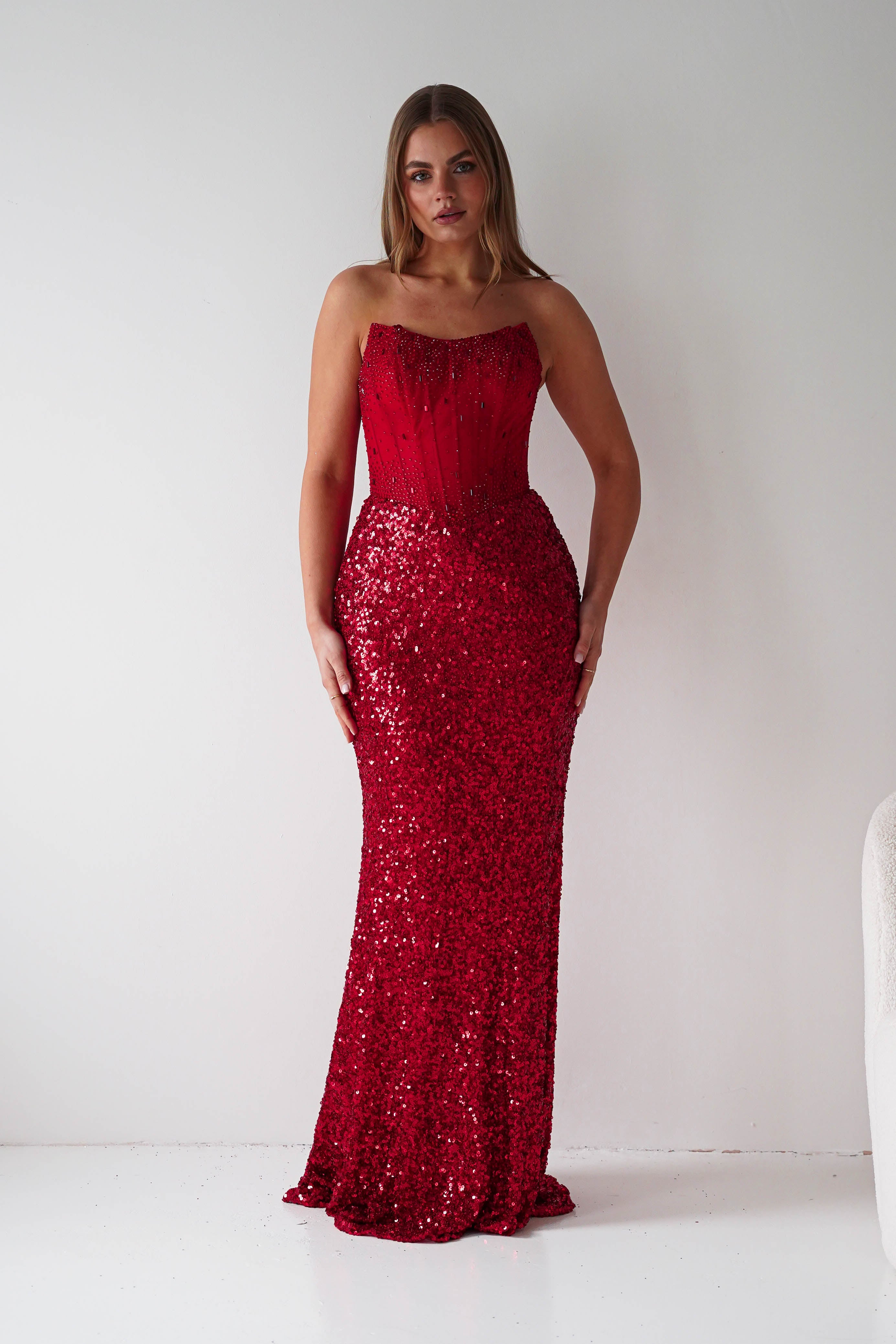 Oh Hello Clothing Women > Clothing > Dresses Henrietta Strapless Corset Sequin Gown | Red
