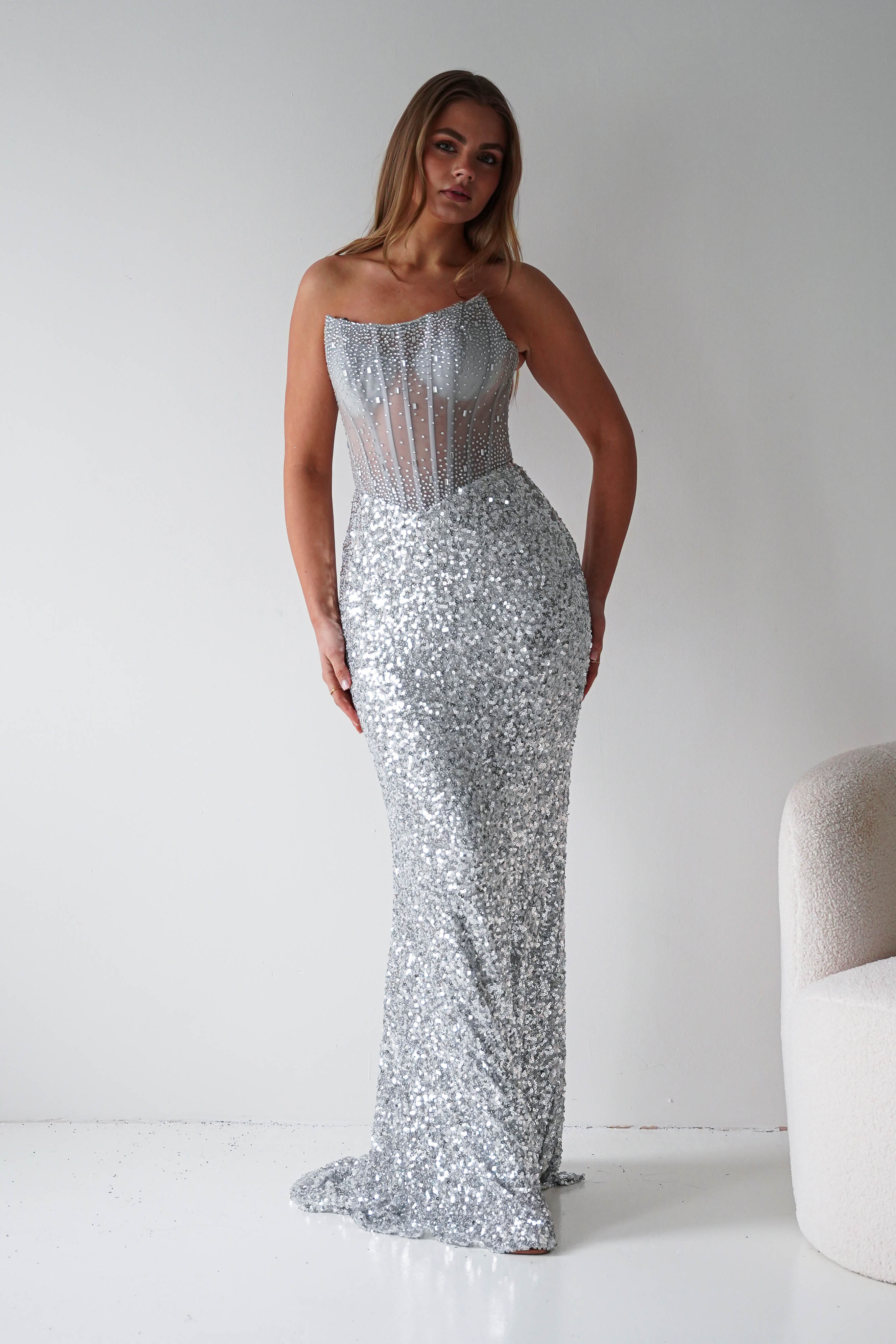 Oh Hello Clothing Women > Clothing > Dresses Henrietta Strapless Corset Sequin Gown | Silver