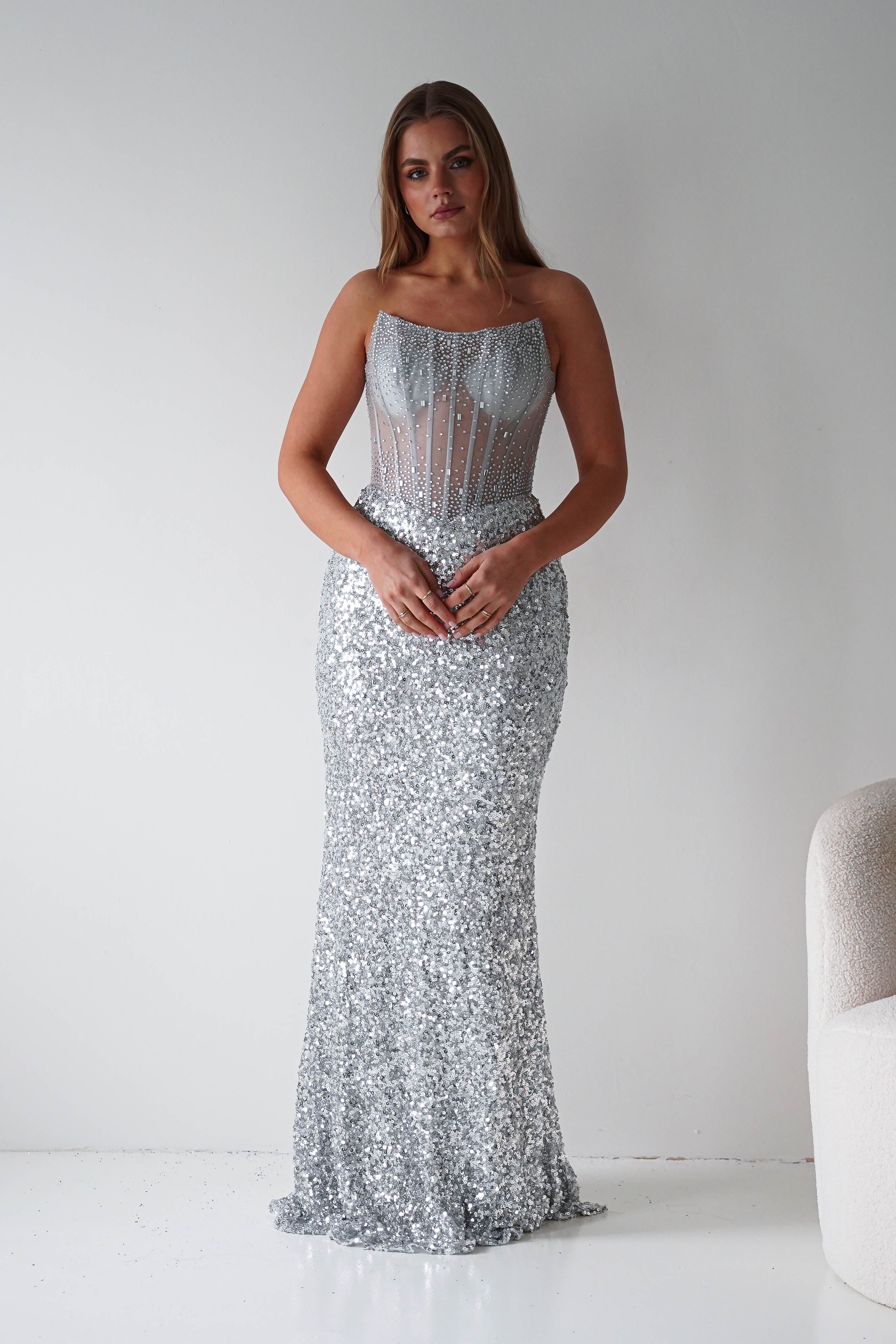 Oh Hello Clothing Women > Clothing > Dresses Henrietta Strapless Corset Sequin Gown | Silver