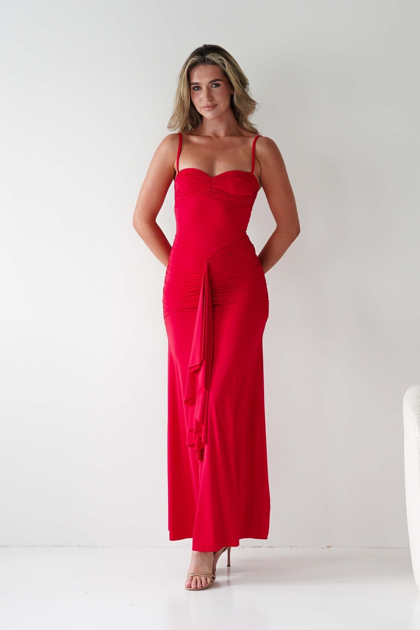 Hera Bodycon Ruffle Maxi Gown Dress | Red | Oh Hello Clothing | S (8)