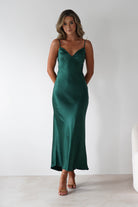 Hermie Silky Satin Maxi Dress Forest Green | Wedding Guest Dress | Maxi | Satin | Oh Hello Clothing