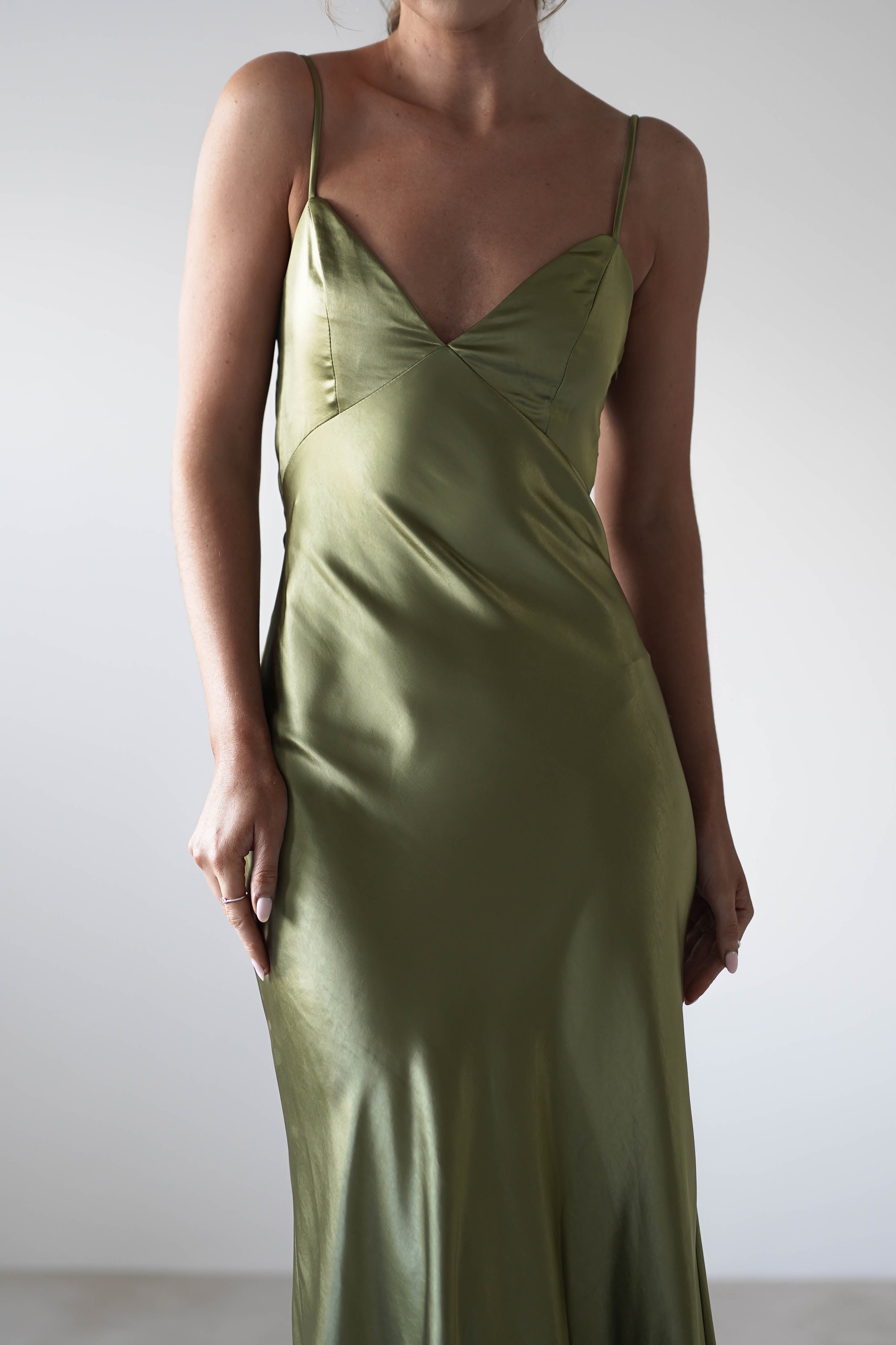 Hermie Silky Satin Maxi Dress | Olive