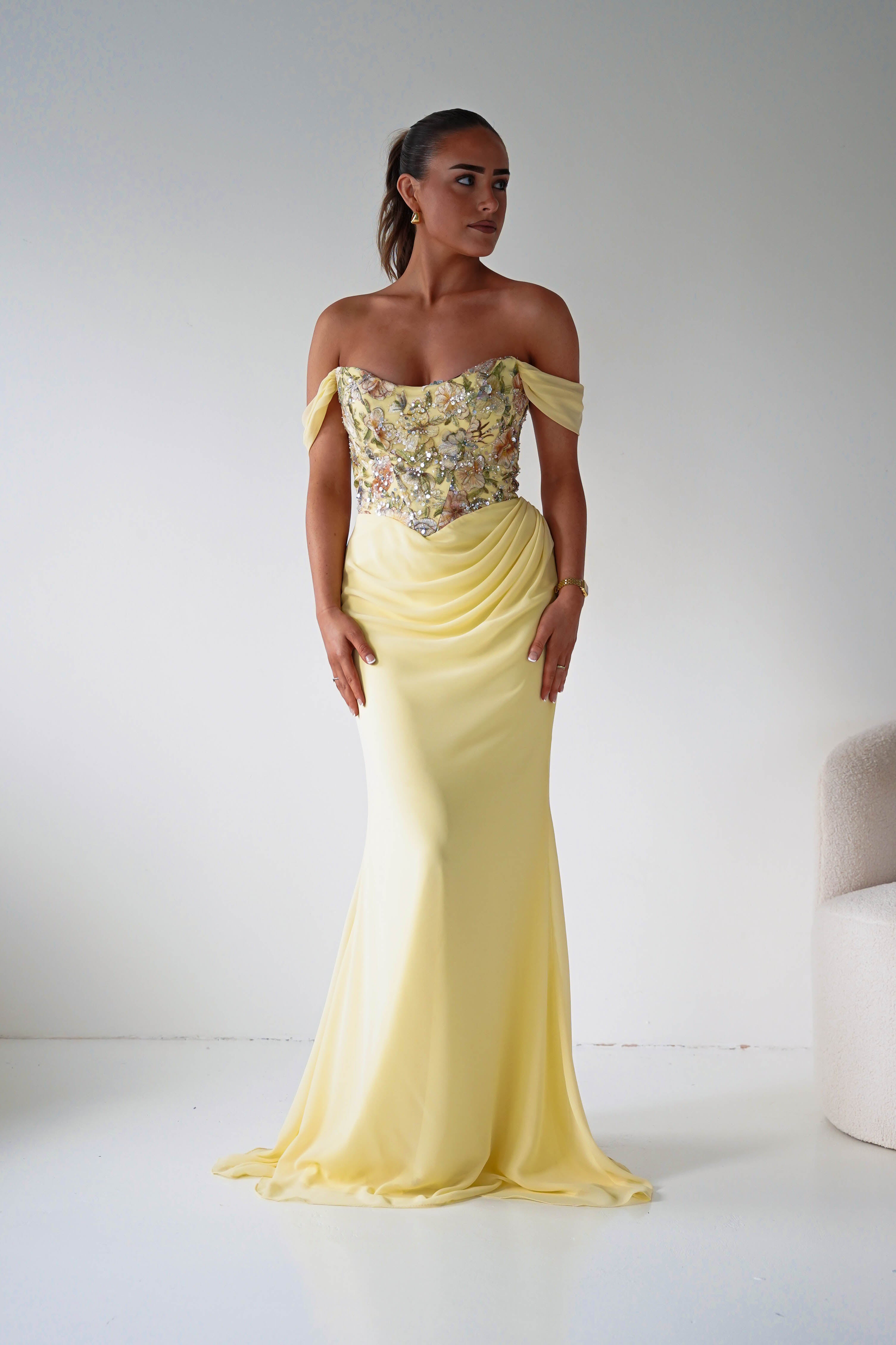Oh Hello Clothing Dresses > Prom Dresses Honey Embellished Chiffon Gown | Yellow