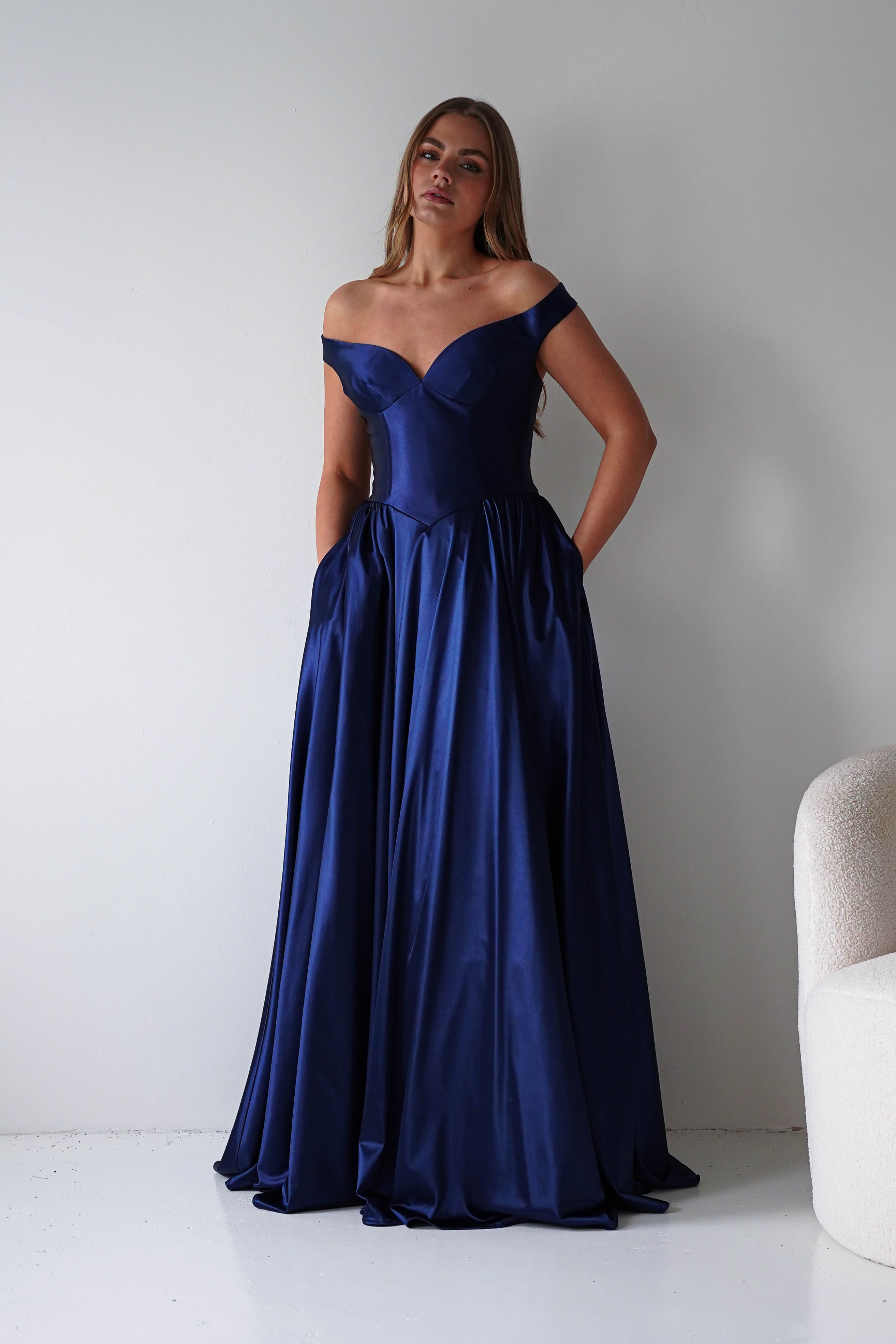 Oh Hello Clothing Dresses > Prom Dresses Irenia Off The Shoulder Structured Maxi Gown | Navy