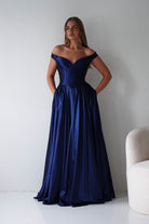 Oh Hello Clothing Dresses > Prom Dresses Irenia Off The Shoulder Structured Maxi Gown | Navy